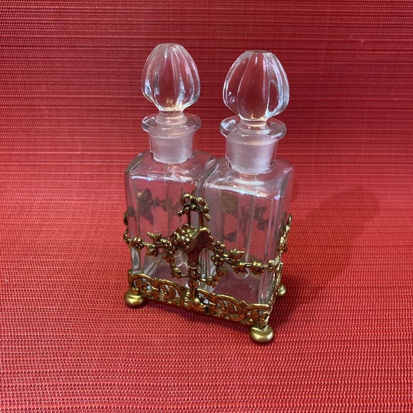 Baccarat Other - Brass Caddy & Perfume Bottles Style Of 19th Century French Baccarat Floral Motif